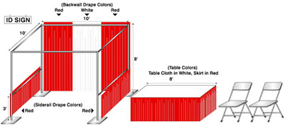 Single booth diagram: one fully draped booth with red and white backwall and siderail drape, one 2 ft by 8 ft draped table in white with a red skirt, two chairs, and an ID sign