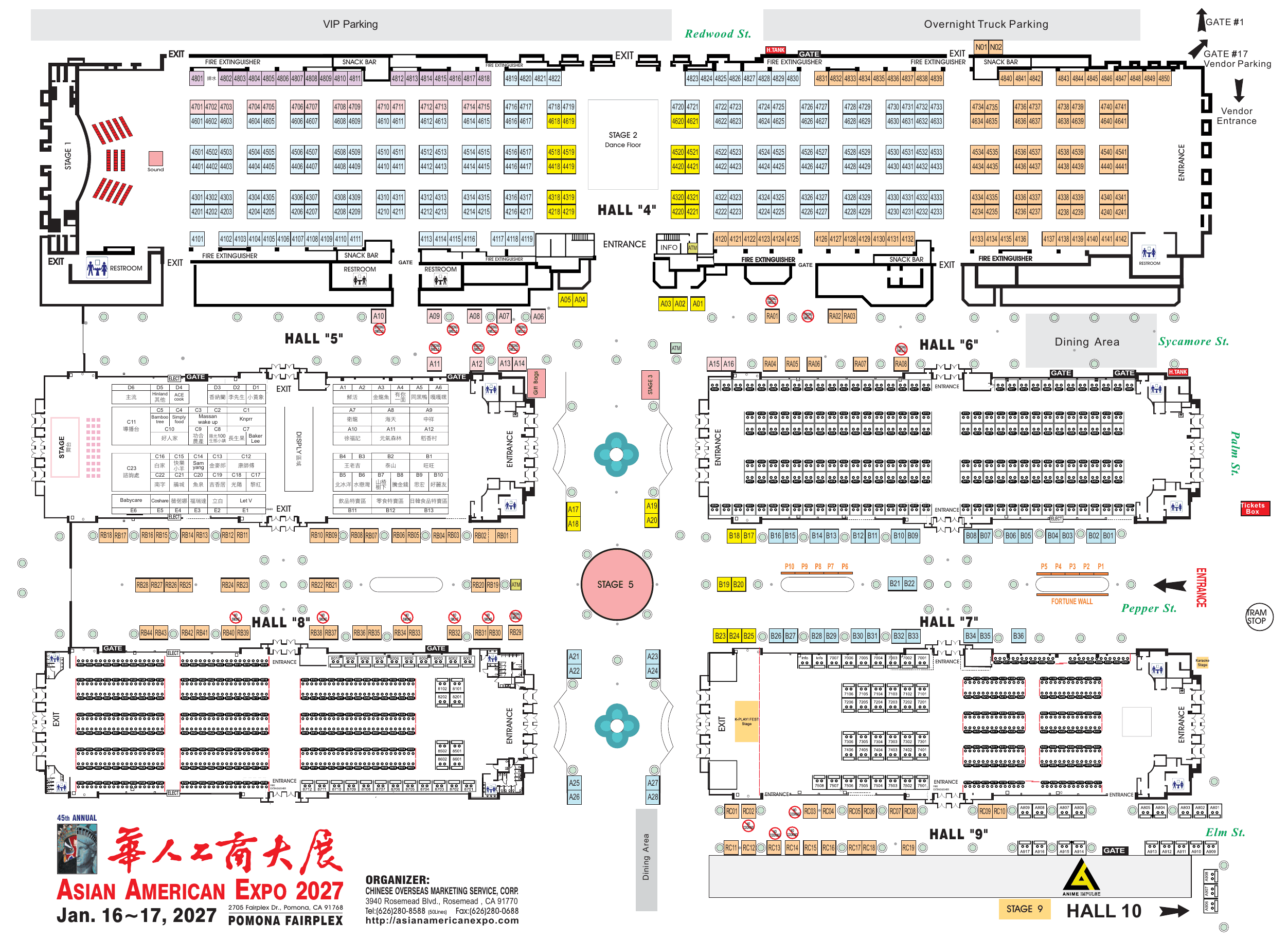 Asian American Expo floor plan showing Halls 4 through 10, Stage 2, Stage 3, Stage 4, Stage 5, Stage 7, Stage 9 and the OCM Stage, all gates, parking areas and dining zones at the Fairplex, Pomona CA